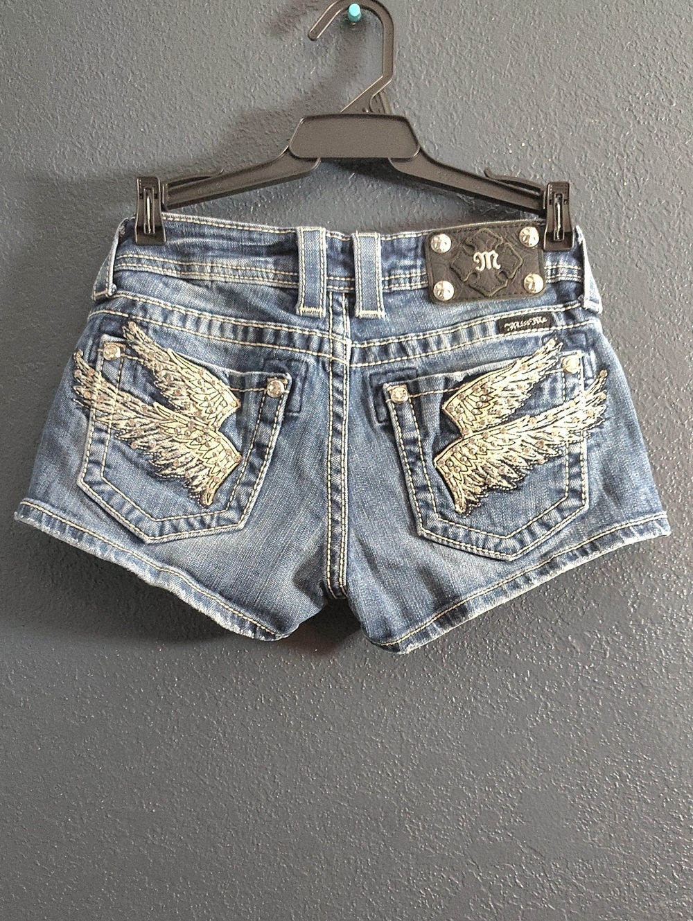 Miss Me Y2k Angel Wing Low Rise Bling Denim Shorts Size 25